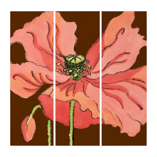 Large Pink Flower with Deep Red Background Triptych (Front)