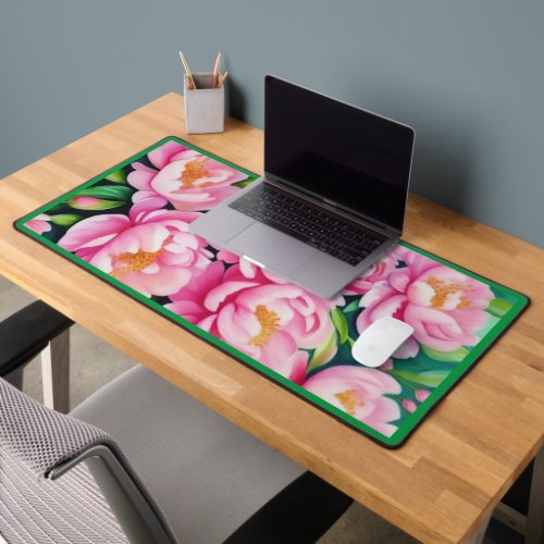 Large Pink Flowers with Green Border Desk Mat
