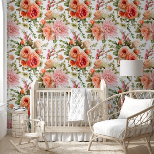 Large Pink  Peach Roses  Dahlias Floral Wallpaper