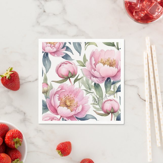 large pink peonies watercolor napkins (Insitu)