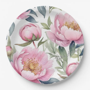 large pink peonies watercolor paper plates