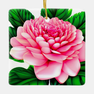 Large Pink Peony with Emerald Green Leaves  Ceramic Ornament