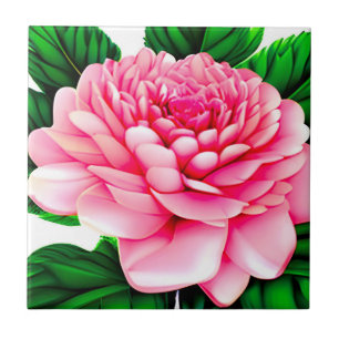 Large Pink Peony with Emerald Green Leaves Ceramic Tile