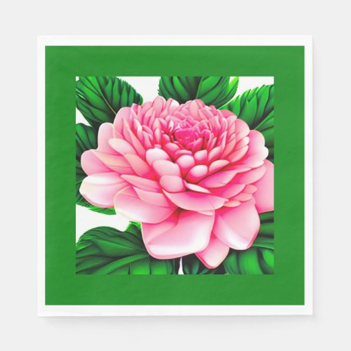 Large Pink Peony with Emerald Green Leaves Napkins