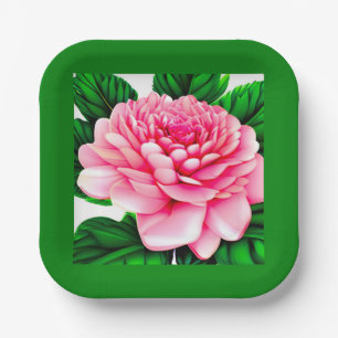 Large Pink Peony with Emerald Green Leaves Paper Plates