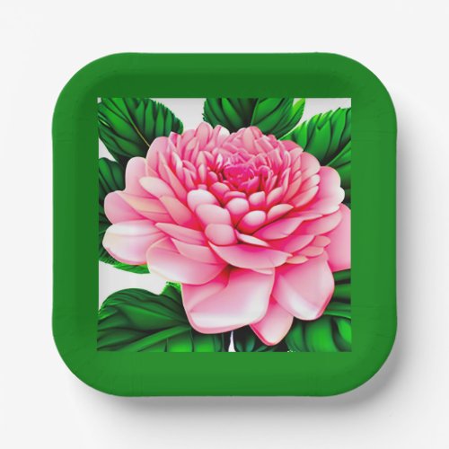 Large Pink Peony with Emerald Green Leaves Paper Plates