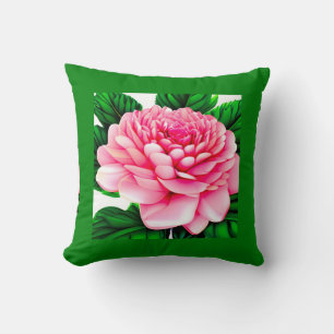 Large Pink Peony with Emerald Green Leaves Throw Pillow