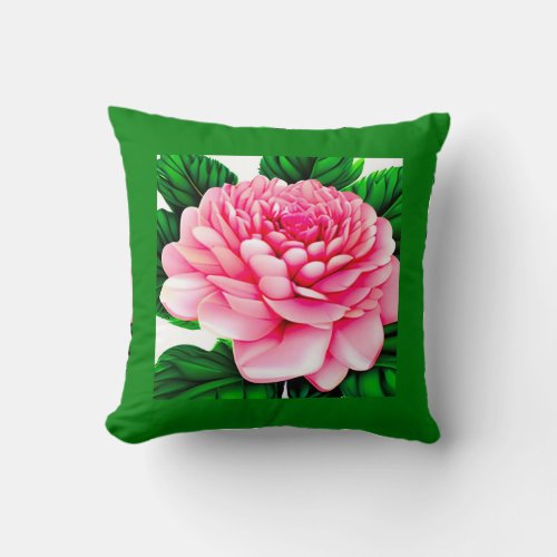 Large Pink Peony with Emerald Green Leaves  Throw Pillow