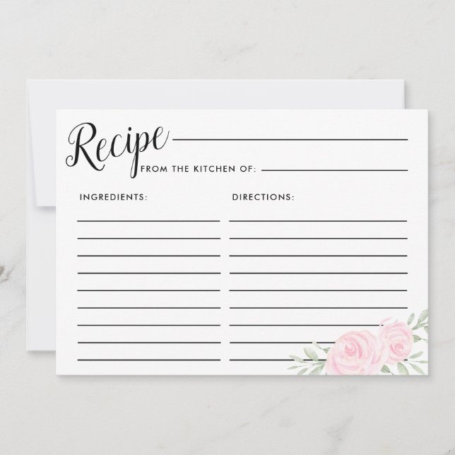 Large Pink Rose Floral Bridal Recipe Card (Front)