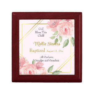 Large Pink Roses in Gold Frame Baptism Gift Box