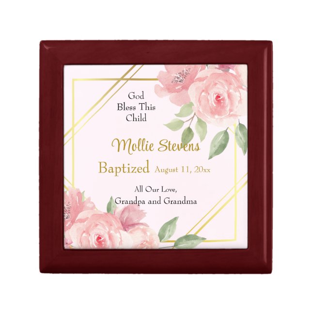 Large Pink Roses in Gold Frame Baptism Gift Box (Front)