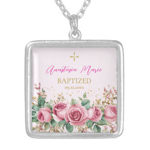 Large Pink Roses Orthodox Christian Baptism Gift Silver Plated Necklace