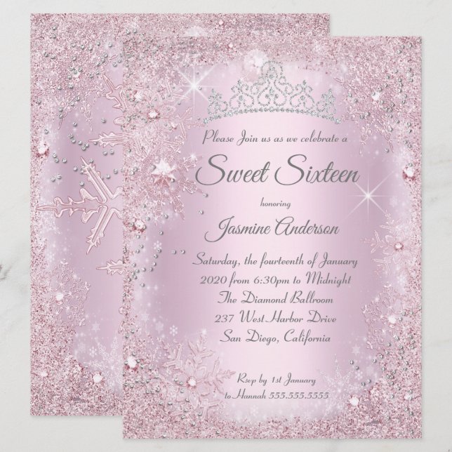 Large Pink Silver Winter Wonderland Sweet 16 Tiara Invitation (Front/Back)