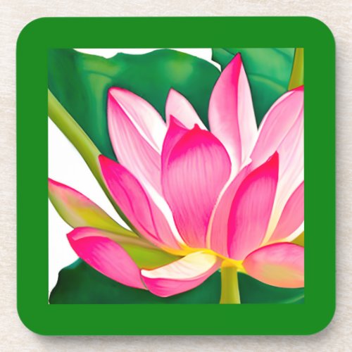Large Pink Water Lily with Emerald Green Leaves  Beverage Coaster