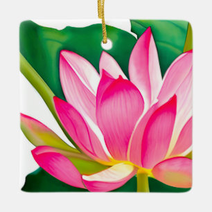 Large Pink Water Lily with Emerald Green Leaves Ceramic Ornament
