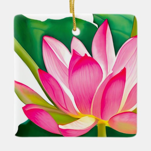 Large Pink Water Lily with Emerald Green Leaves  Ceramic Ornament