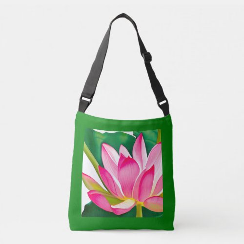 Large Pink Water Lily with Emerald Green Leaves  Crossbody Bag