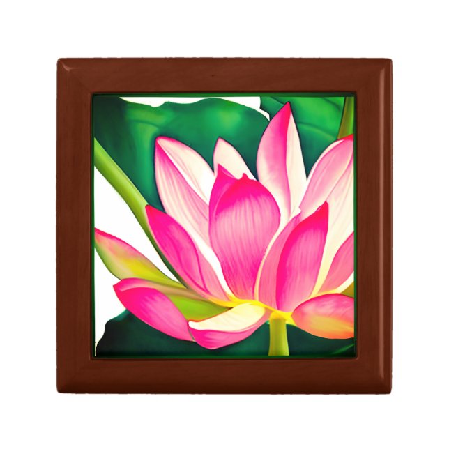 Large Pink Water Lily with Emerald Green Leaves  Gift Box (Front)