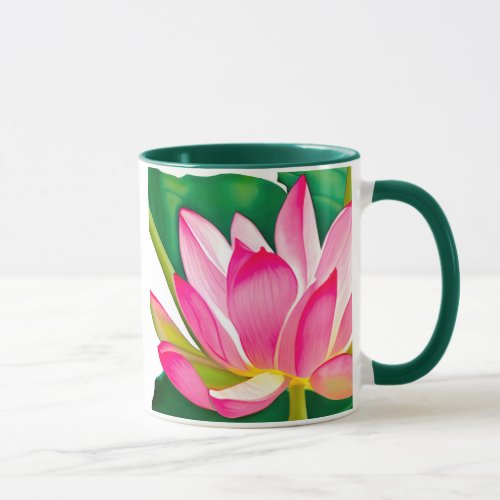 Large Pink Water Lily with Emerald Green Leaves  Mug
