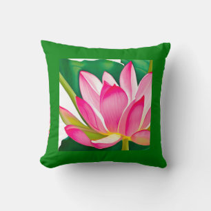 Large Pink Water Lily with Emerald Green Leaves Throw Pillow