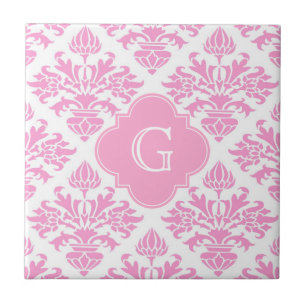 Large Pink White Floral Damask Pink Monogram Label Tile
