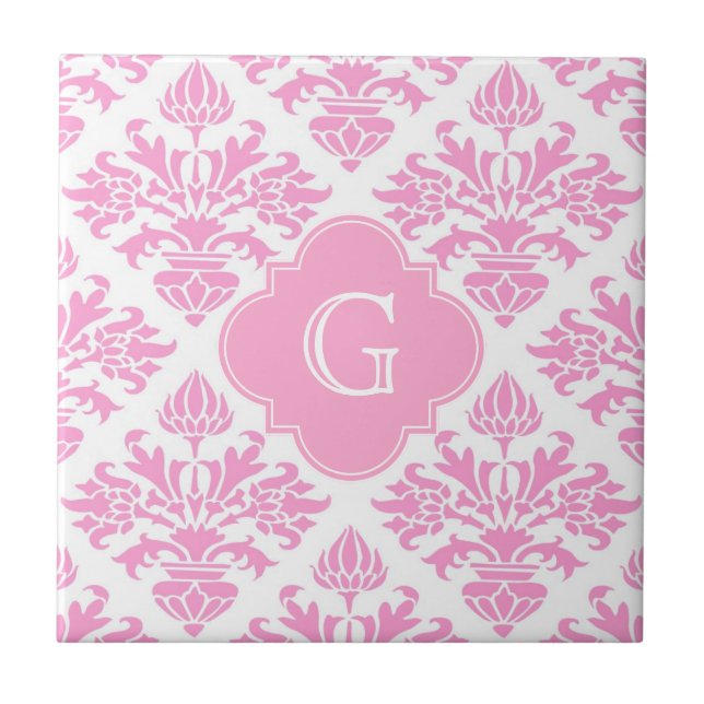 Large Pink White Floral Damask Pink Monogram Label Tile (Front)