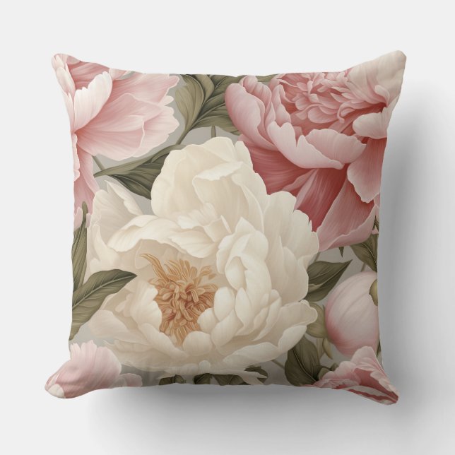 Large Pink White Peonies Floral Countryside Design Throw Pillow (Front)
