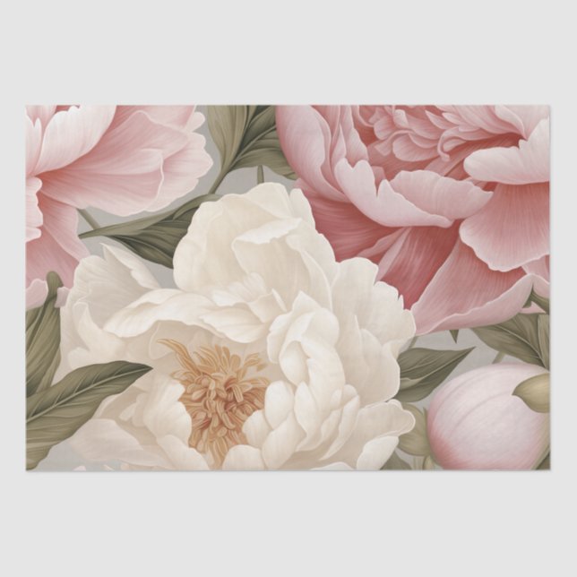 Large Pink White Peonies Print Design Tissue Paper (Front)