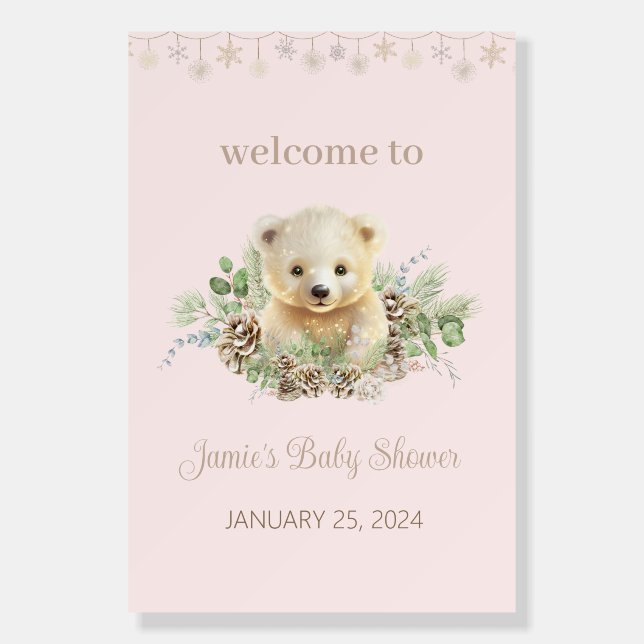 Large Polar Bear Cub Pink Winter Baby Shower Sign (Front)