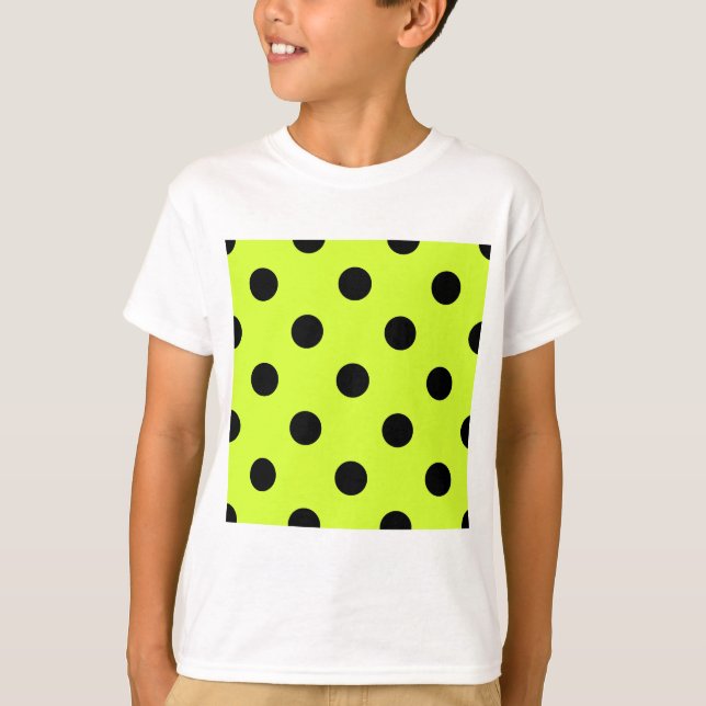 Large Polka Dots - Black on Fluorescent Yellow T-Shirt (Front)