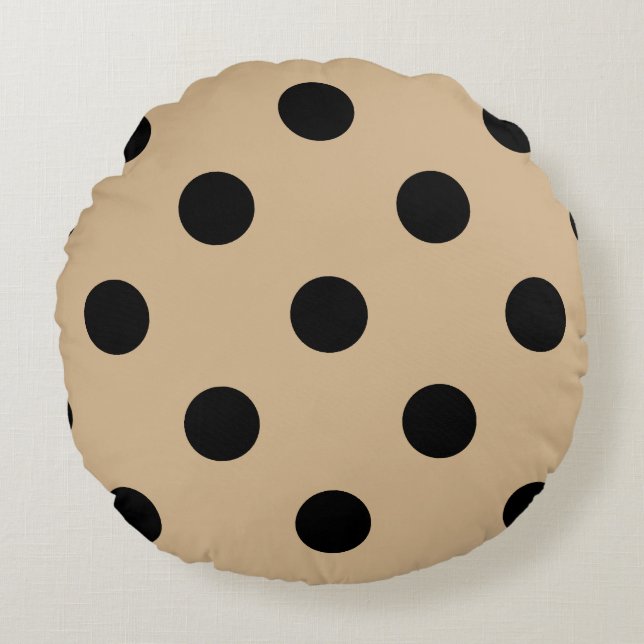 Large Polka Dots - Black on Tan Round Pillow (Front)