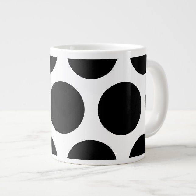 Large Polka Dots Pattern: Black & White Giant Coffee Mug (Front Right)