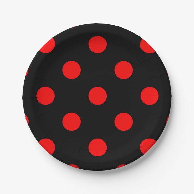 Large Polka Dots - Red on Black Paper Plates (Front)