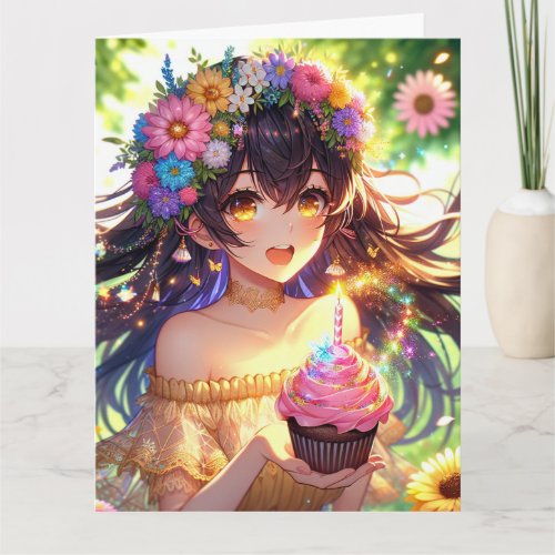 Large Pretty Anime Girl Personalized Birthday  Card