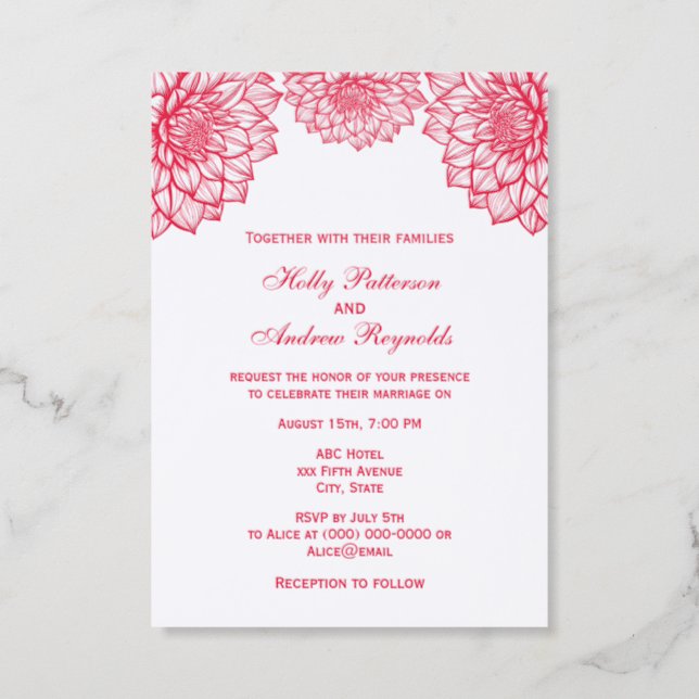 Large Pretty Dahlias Wedding Couple Letterpress Photo Cards (Front)