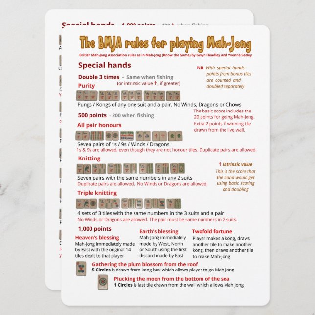 Large Print BMJA rules card  – Special hands (Front/Back)
