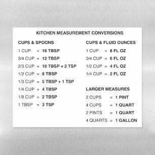 Large Print Kitchen Measurement Conversion Chart Magnetic Dry Erase Sheet