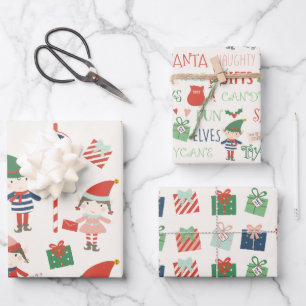 Large Print Santas Elves Pattern Christmas  Wrapping Paper Sheets