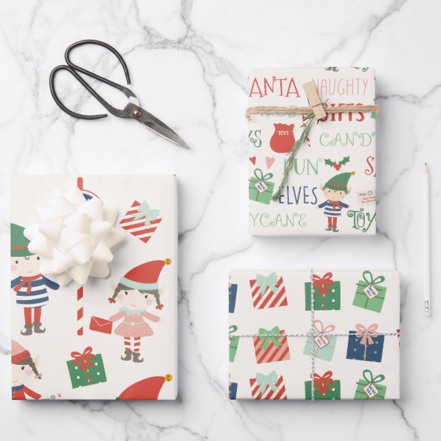 Large Print Santas Elves Pattern Christmas  Wrapping Paper Sheets (Front)
