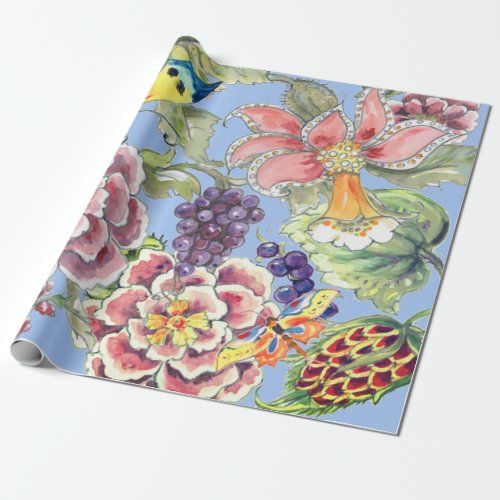 Large Print Tropical Floral Blue Watercolor Pretty Wrapping Paper