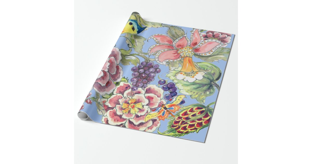 Large Print Tropical Floral Blue Watercolor Pretty Wrapping Paper | Zazzle