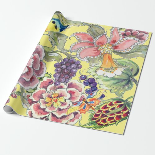 Large Print Tropical Floral Yellow Watercolor Art Wrapping Paper
