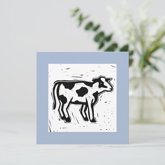 Large Printmaking Black and White Cow Print Blue Note Card (Standing Front)