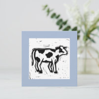 Large Printmaking Black and White Cow Print Blue