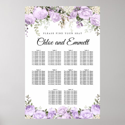 Large Purple Floral 10_Table Wedding Seating Chart