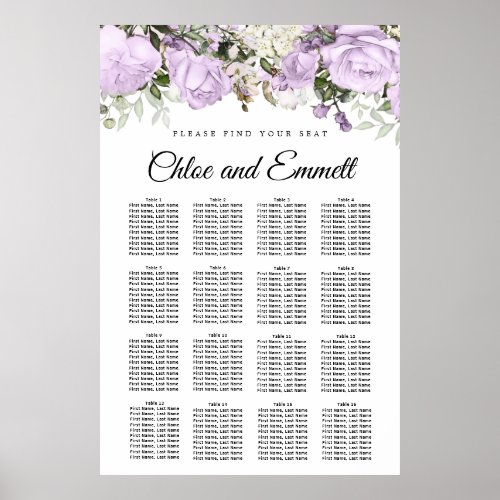 Large Purple Floral 16_Table Wedding Seating Chart