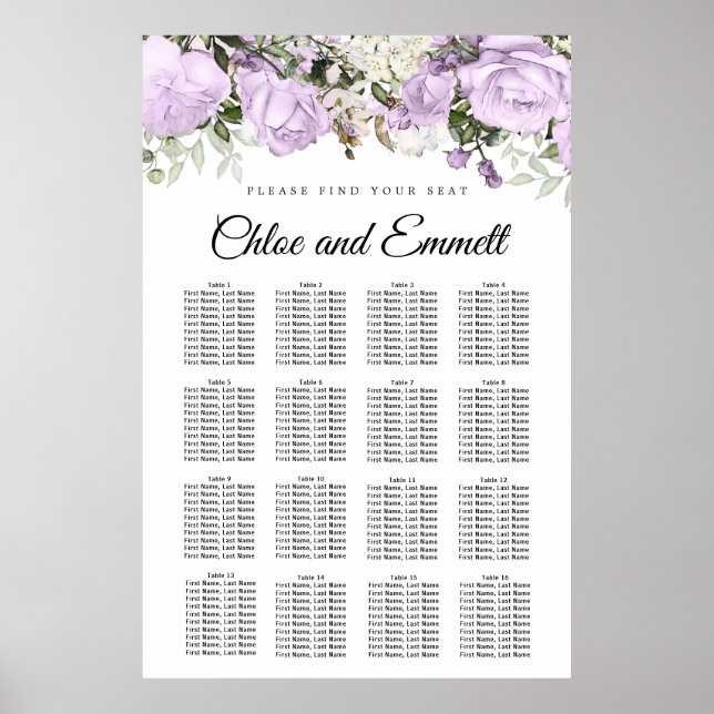 Large Purple Floral 16-Table Wedding Seating Chart (Front)