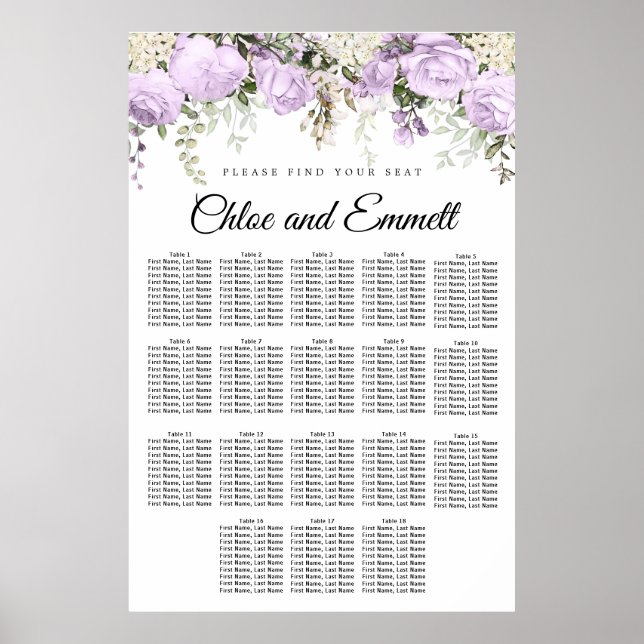 Large Purple Floral 18-Table Wedding Seating Chart (Front)