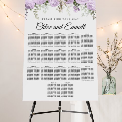 Large Purple Floral 18_Table Wedding Seating Chart Foam Board