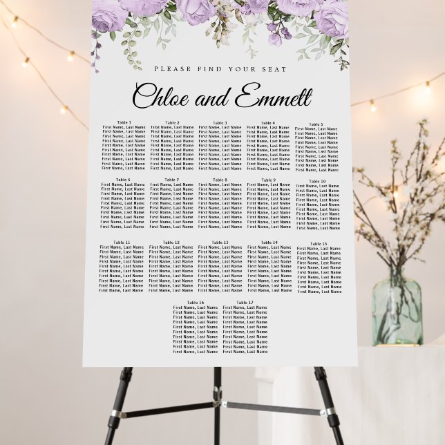 Large Purple Floral 18-Table Wedding Seating Chart Foam Board (In Situ (Stand))